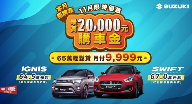 TAIWAN SUZUKI11月推出超優惠購車專案 入主SWIFT及IGNIS車款享65萬輕鬆貸 | 華視市場快訊